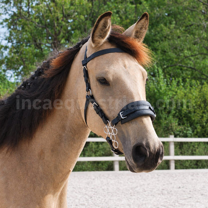 Black BioThane® Flower hackamore bridle with silver Flower hackamore shanks in standard style.