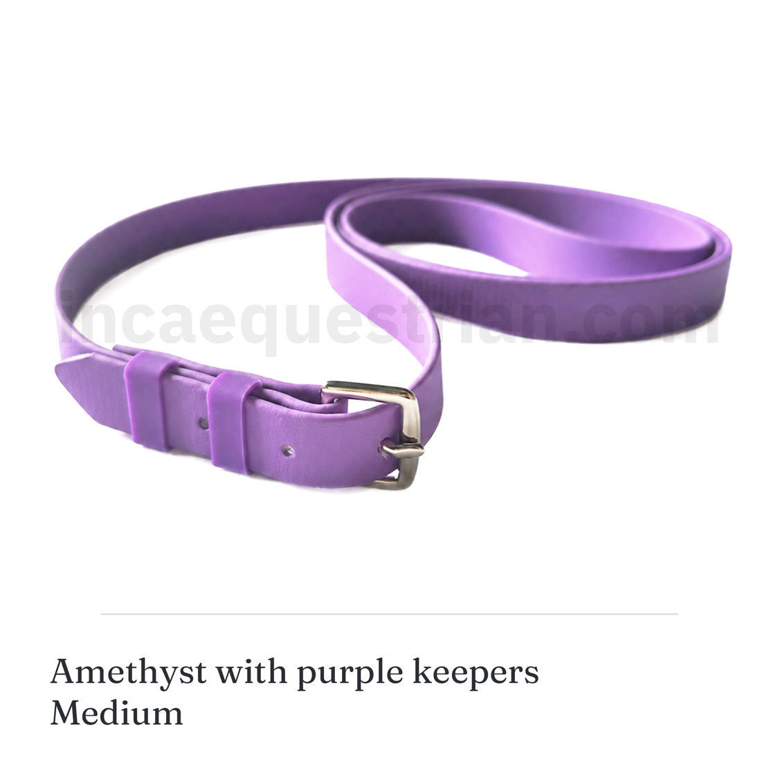 Handmade BioThane neck strap in amethyst purple with purple keepers and a silver buckle, medium size, hand-stitched by Inca Equestrian.