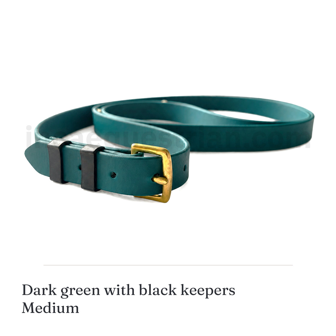 Handmade BioThane neck strap in dark green with black keepers and a brass buckle, medium size, hand-stitched by Inca Equestrian.