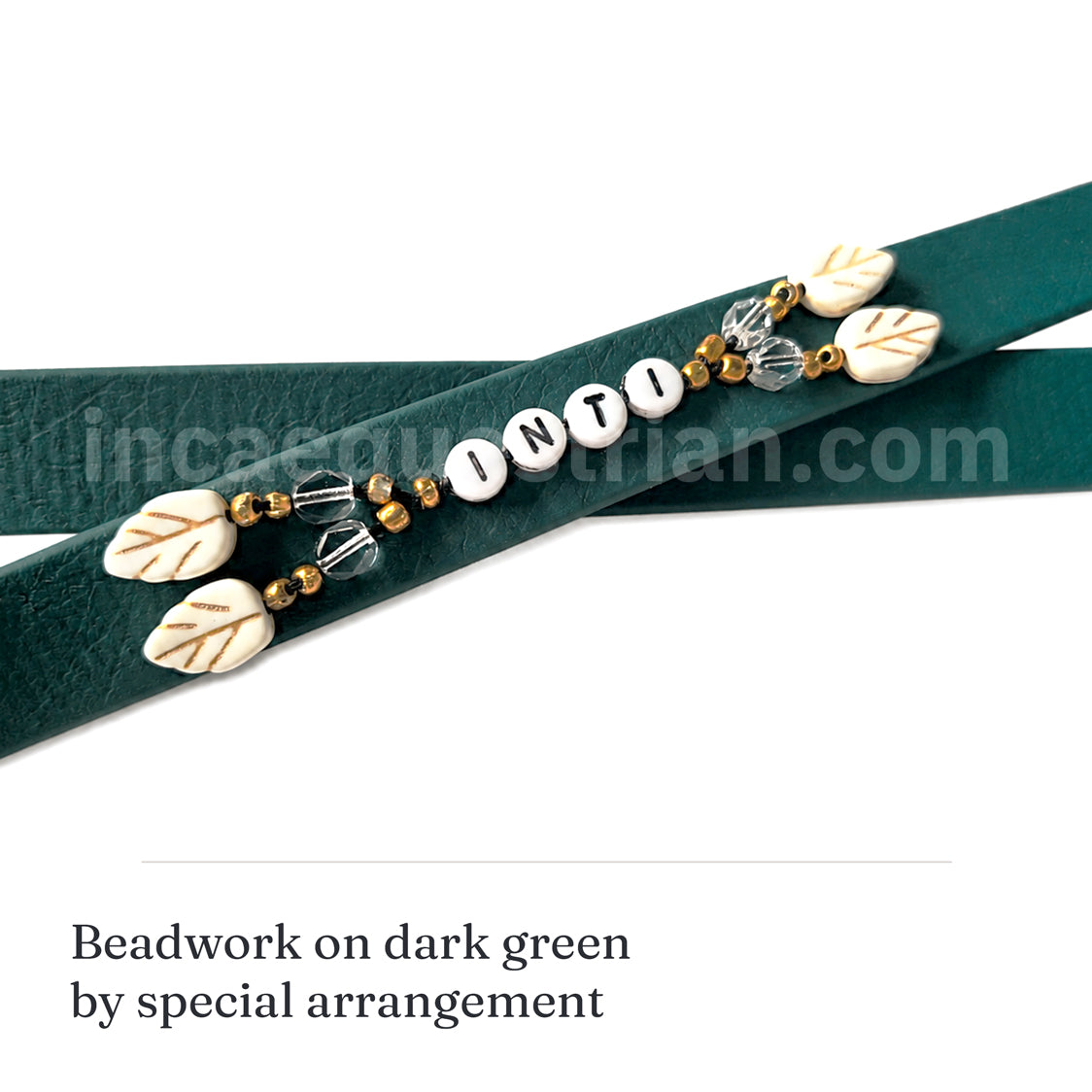 Handmade BioThane neck strap in dark green with custom name beadwork and leaf charm detail, hand-stitched by Inca Equestrian.