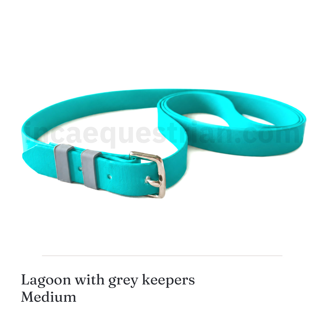 Handmade BioThane neck strap in lagoon blue with grey keepers and a silver buckle, medium size, hand-stitched by Inca Equestrian.