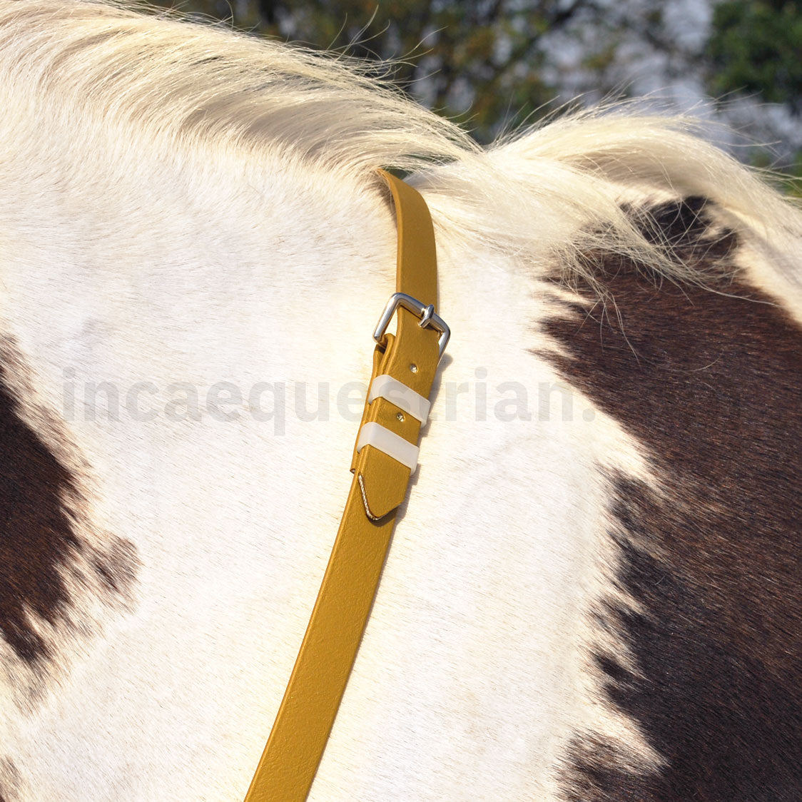 Handmade BioThane neck strap in gold worn on a horse's neck, used for extra security while riding, hand-stitched by Inca Equestrian.