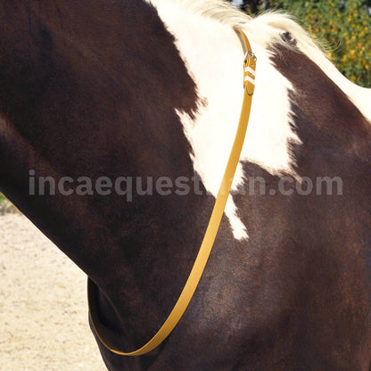 Handmade BioThane neck strap in gold worn on a horse's neck, used for extra security while riding, hand-stitched by Inca Equestrian.