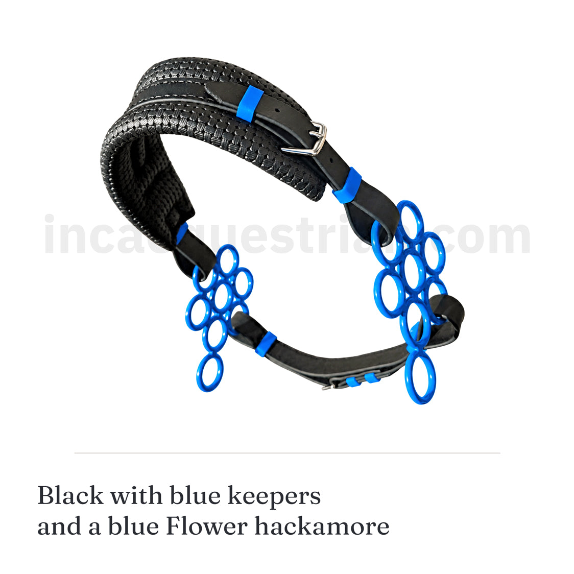 Black BioThane® Flower hackamore noseband with blue keepers, complete with blue Flower hackamore shanks.