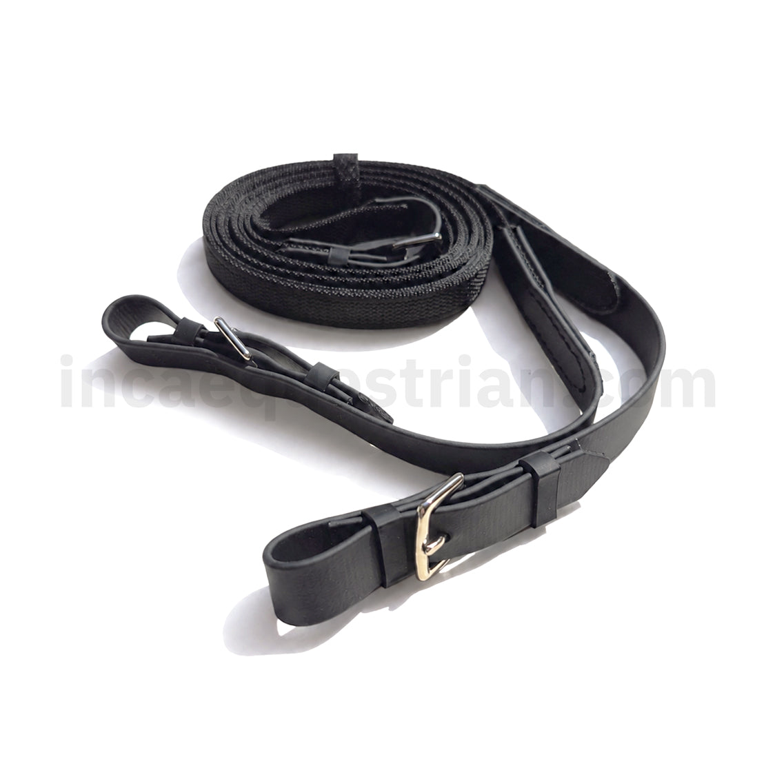 Buckle-ended grippy reins for bridles, with secure buckles and a textured non-slip grip, from Inca Equestrian