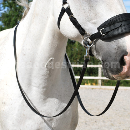 Black BioThane bridle reins with clip ending, attached to bitless bridle on grey horse